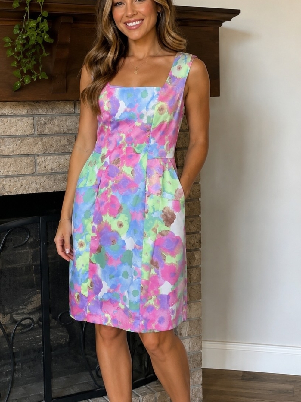 London Times Pastel Multi Floral Square-Neck Dress